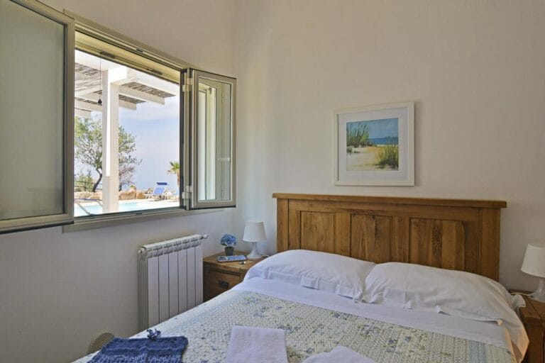 Villa Splendida second bedroom with pool and sea views through large windows
