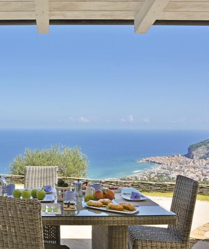 Cefalu Mediterranean siew view from luxury Villa shaded outdoor dining