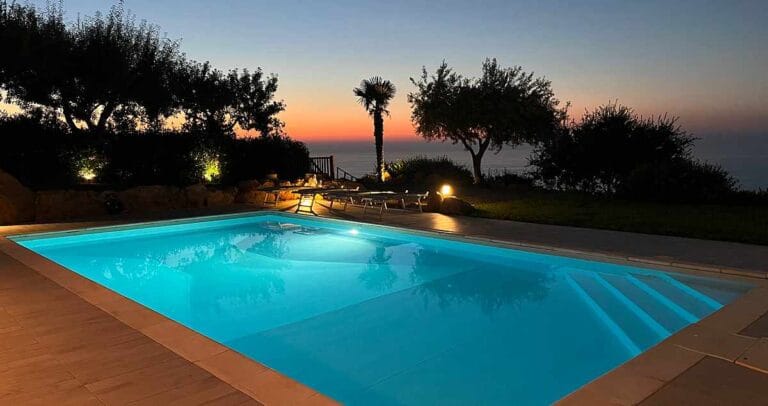 Villa Splendida swimming pool at sunset with Mediterranean sea view Sicily Cefalù