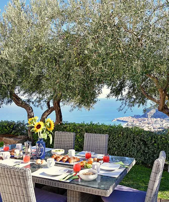 Cefalu Mediterranean sea view from luxury Villa shaded outdoor dining